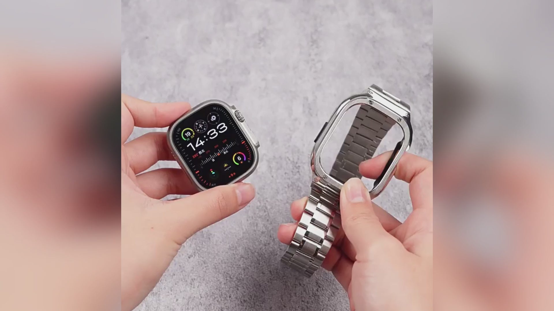 Load video: Fit the case, secure the hardware, attach the hybrid band, and wear your Apple Watch Ultra 49mm with a more elevated setup.